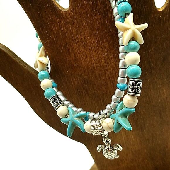 Double Strand Anklet Starfish Beaded Turtle Charm Turquoise & White NWOT - Picture 10 of 11